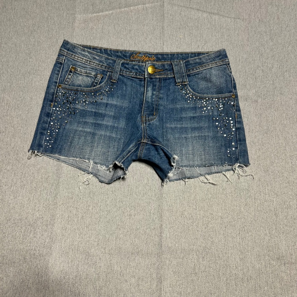 Southpole Womens‎ Rhinestone Embellished Denim Shorts Size 7 Blue Cut Off Y2K
